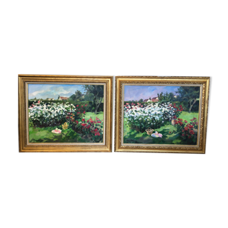 Pair of large oils on canvas, jardin fleuri, Olga Mischkine 81 x 65 cm