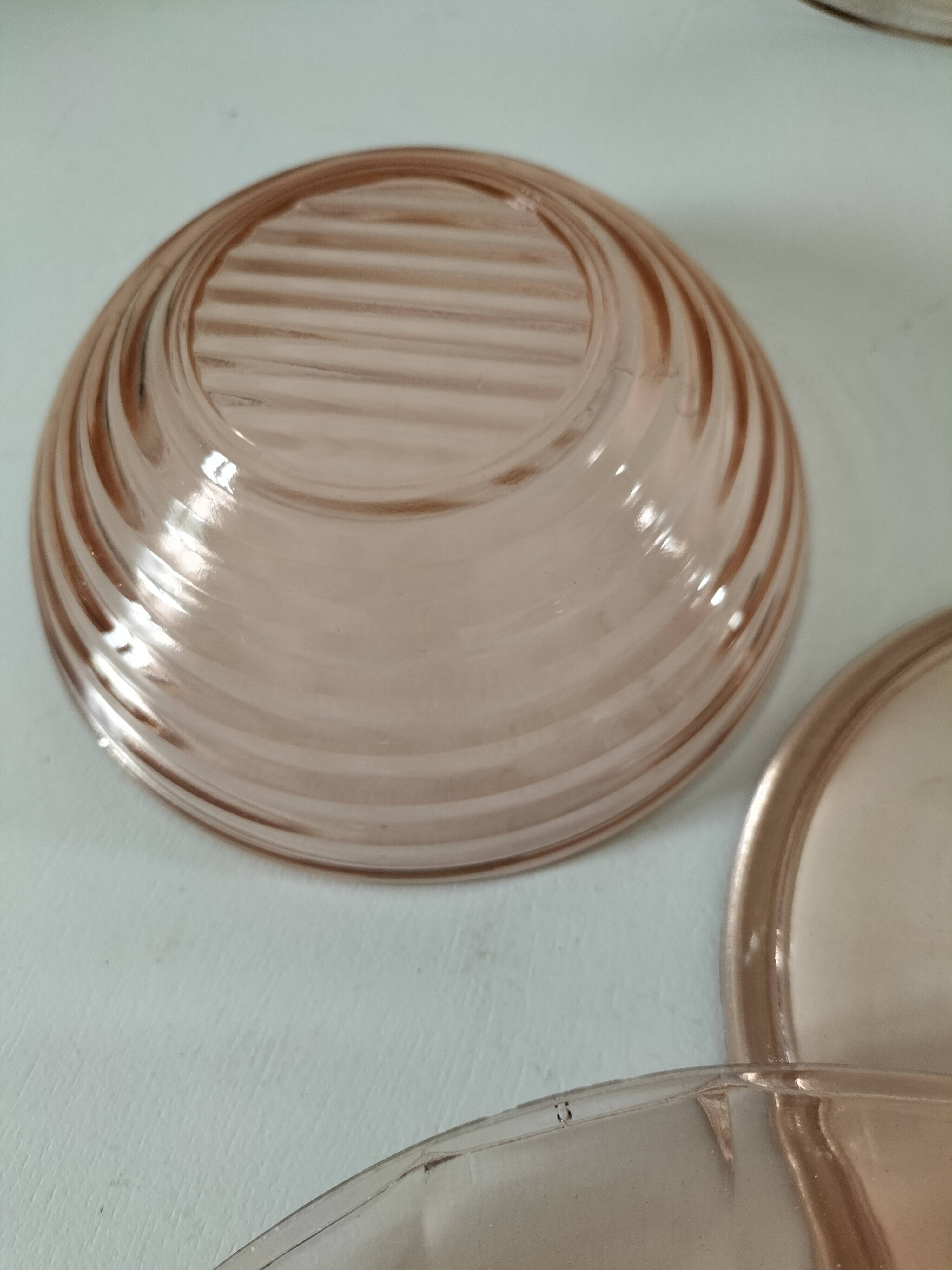 Orange-pink pressed glass trio