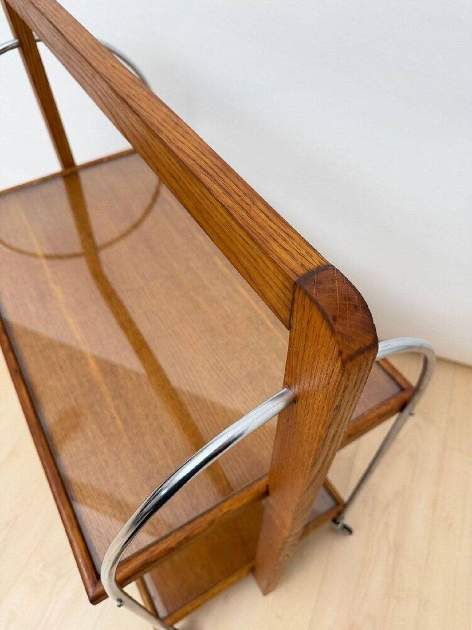 Art Deco serving trolley in oak, chrome & glass, France, 1930