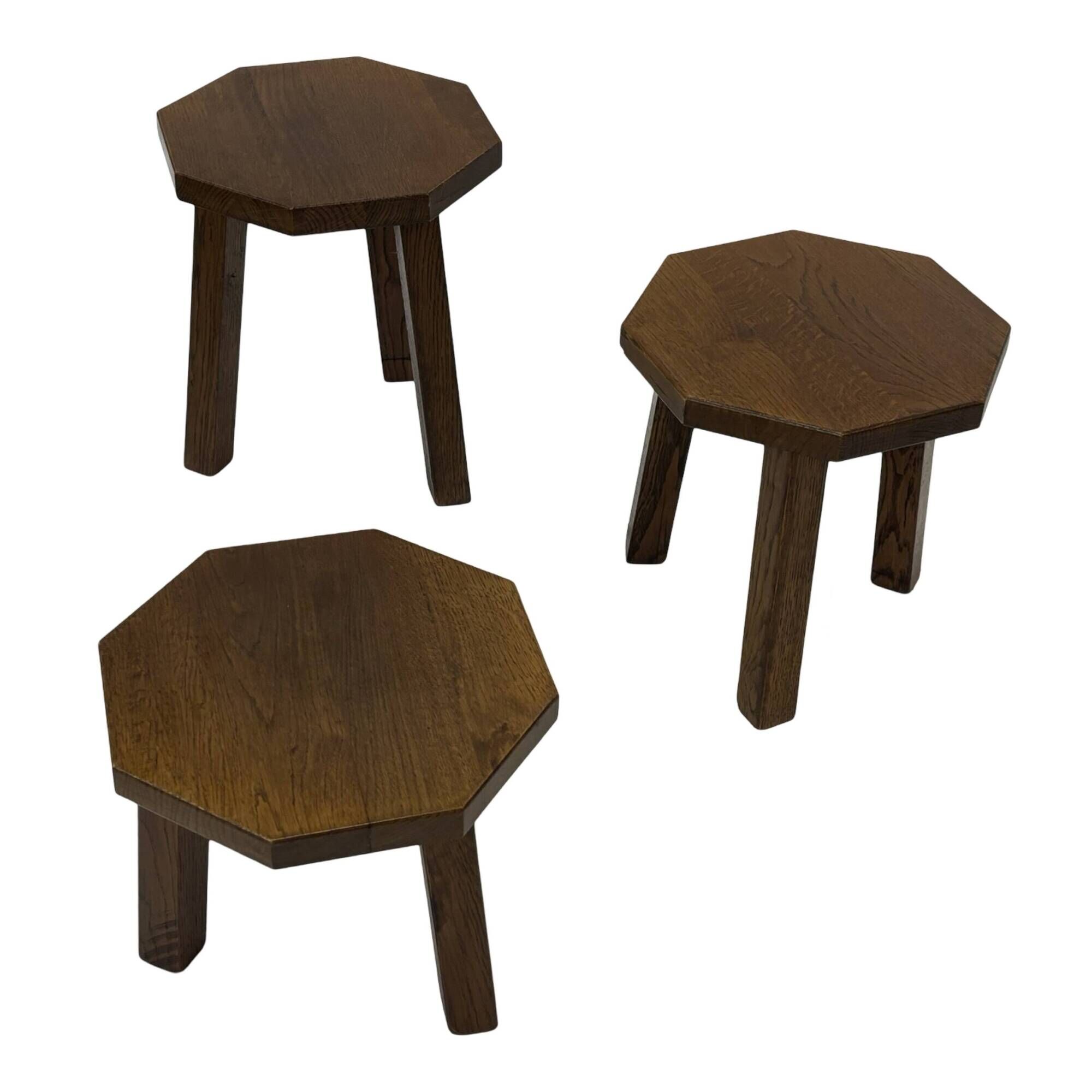 Tables d'appoint hexagonales brutalistes en chêne, années 1950, lot de 3