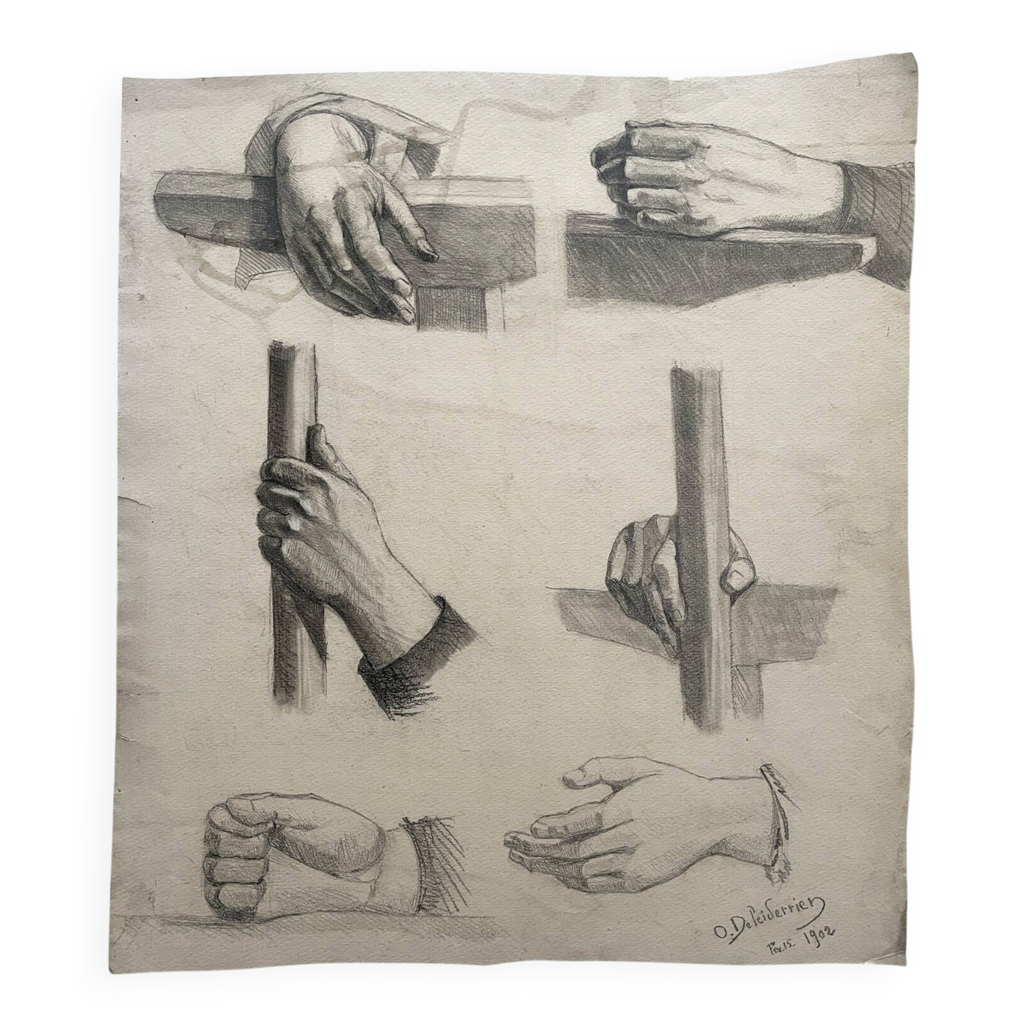 Dessin académique ancien, étude de mains Deleiderrier 1902