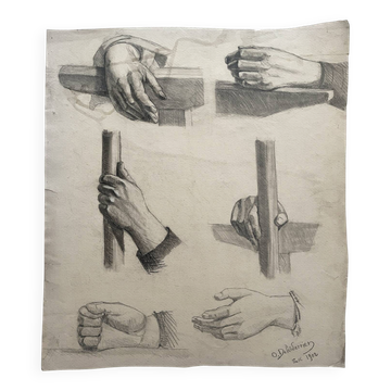 Dessin académique ancien, étude de mains Deleiderrier 1902