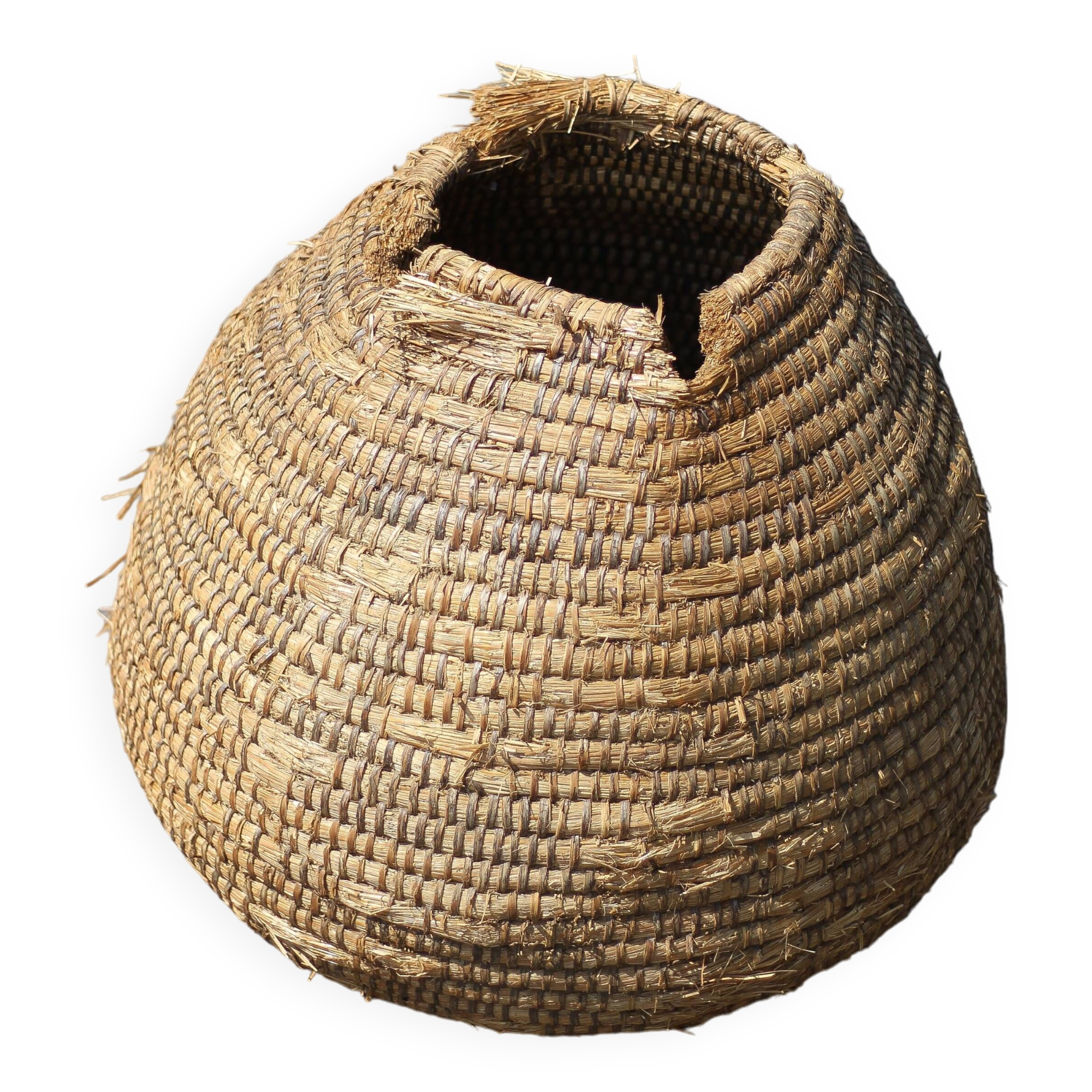 Old basket, burgundy straw and bramble, woven basket, interior decoration