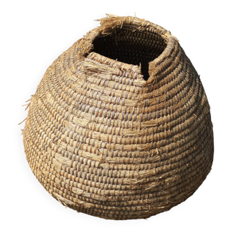 Old basket, burgundy straw and bramble, woven basket, interior decoration