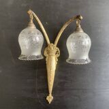 Art Deco double wall light in brass and glass tulips 1930
