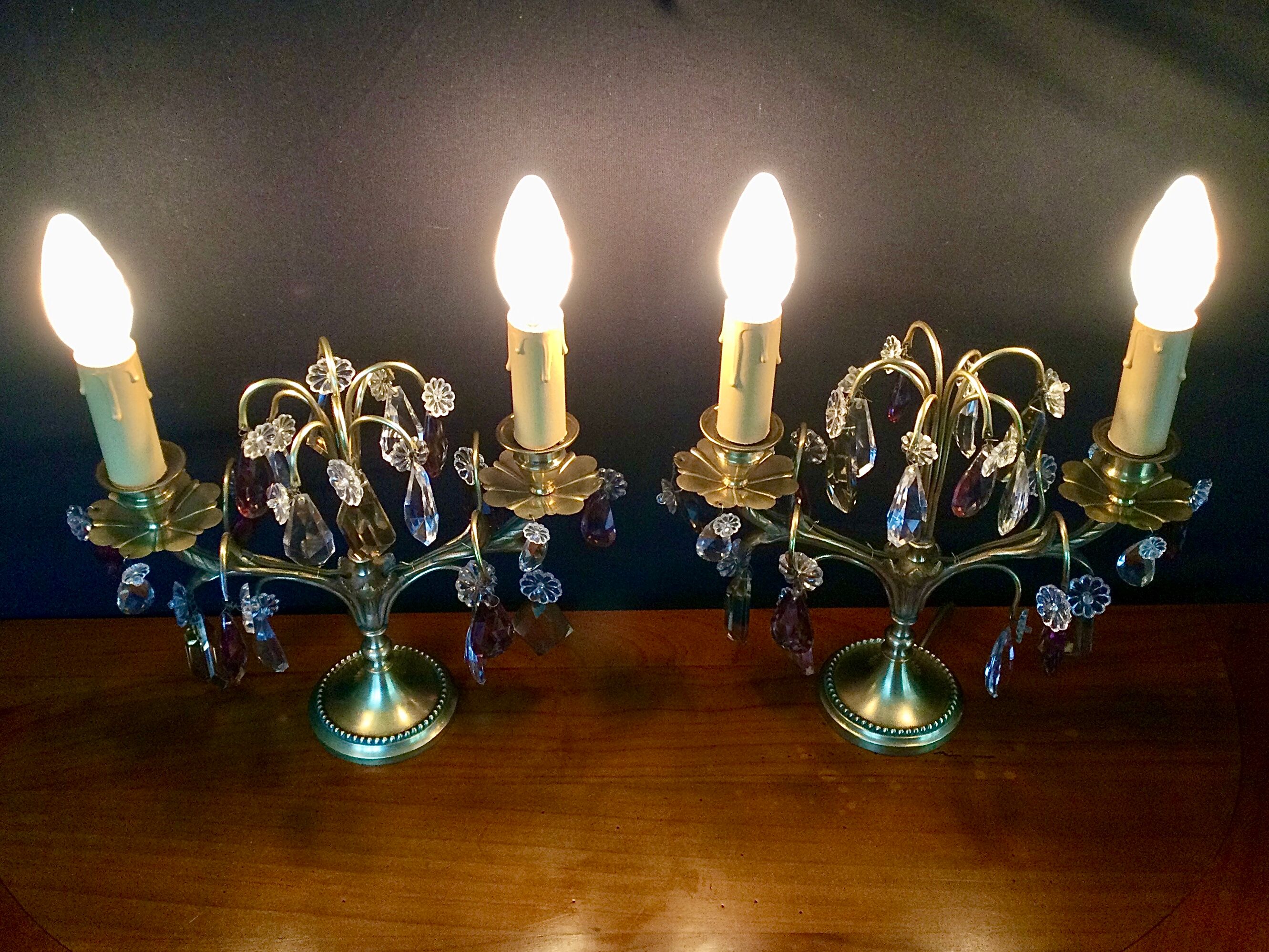 Pair of bronze and crystal girandoles