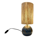 Lampe signé en grés bleu vintage chardons 1970 abat-jour corde raphia années 70 bohème