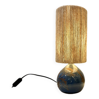 Signed lamp in vintage blue stoneware thistles 1970 raffia rope lampshade 70s bohemian