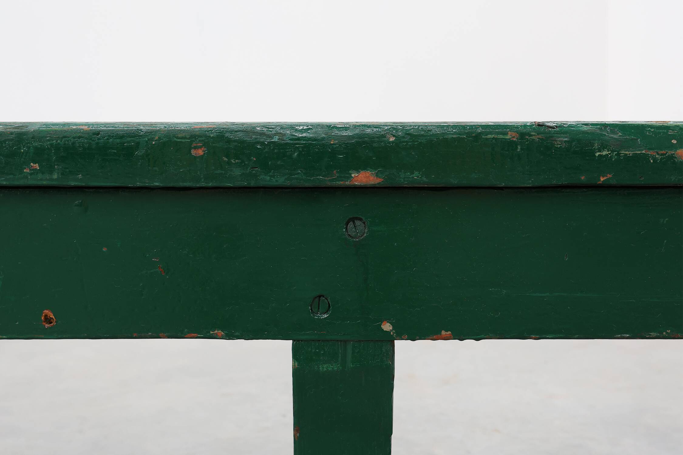 Rustic primitive green farmhouse bench in solid oak, France ca. 1900