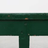 Rustic primitive green farmhouse bench in solid oak, France ca. 1900