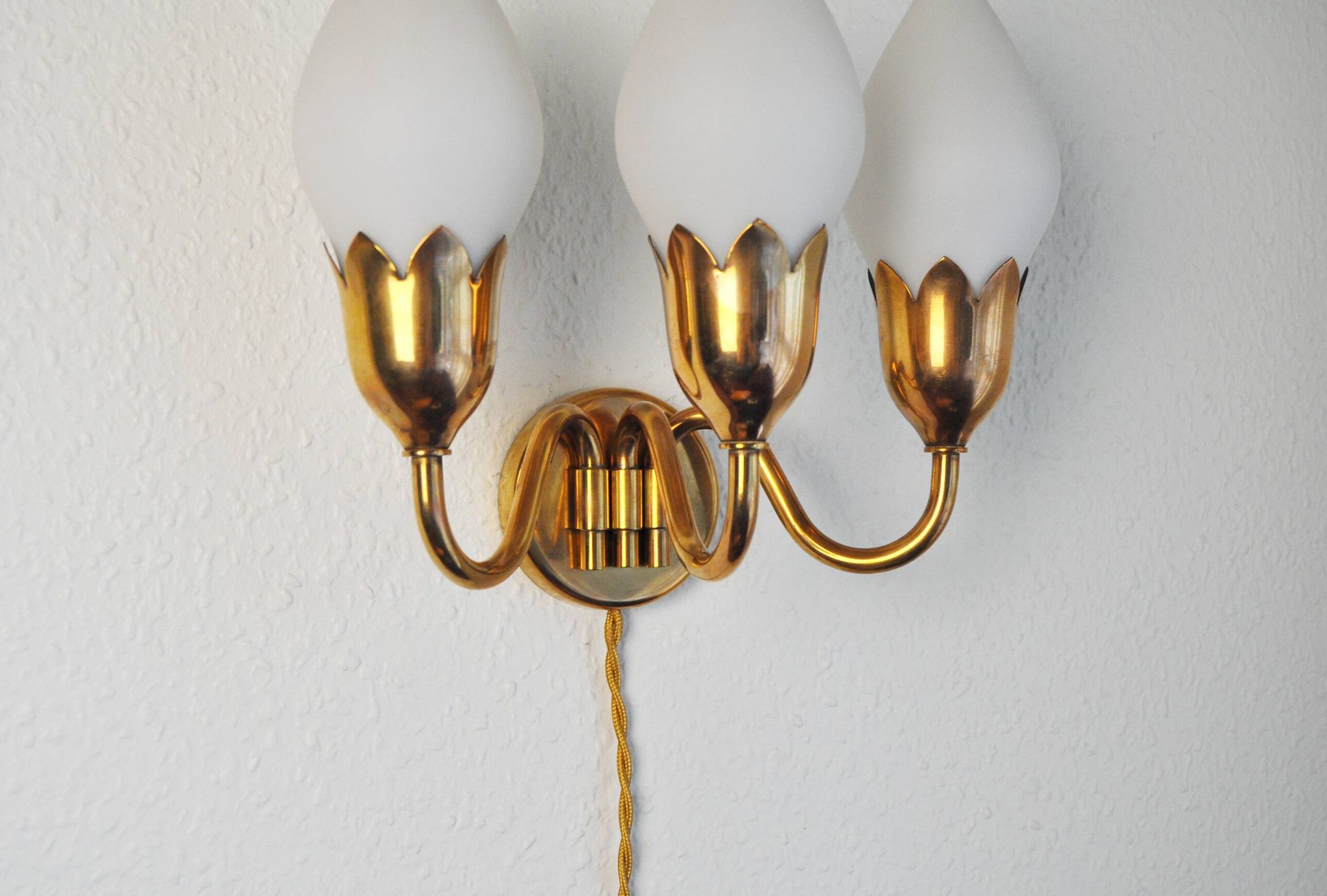 Fog & Mørup 3-Arm Brass and Opaline Glass Tulip Wall Lamp