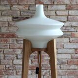 Space Age Floor Lamp, White Glass Lampshade, Wooden Tripod Base, 1960s