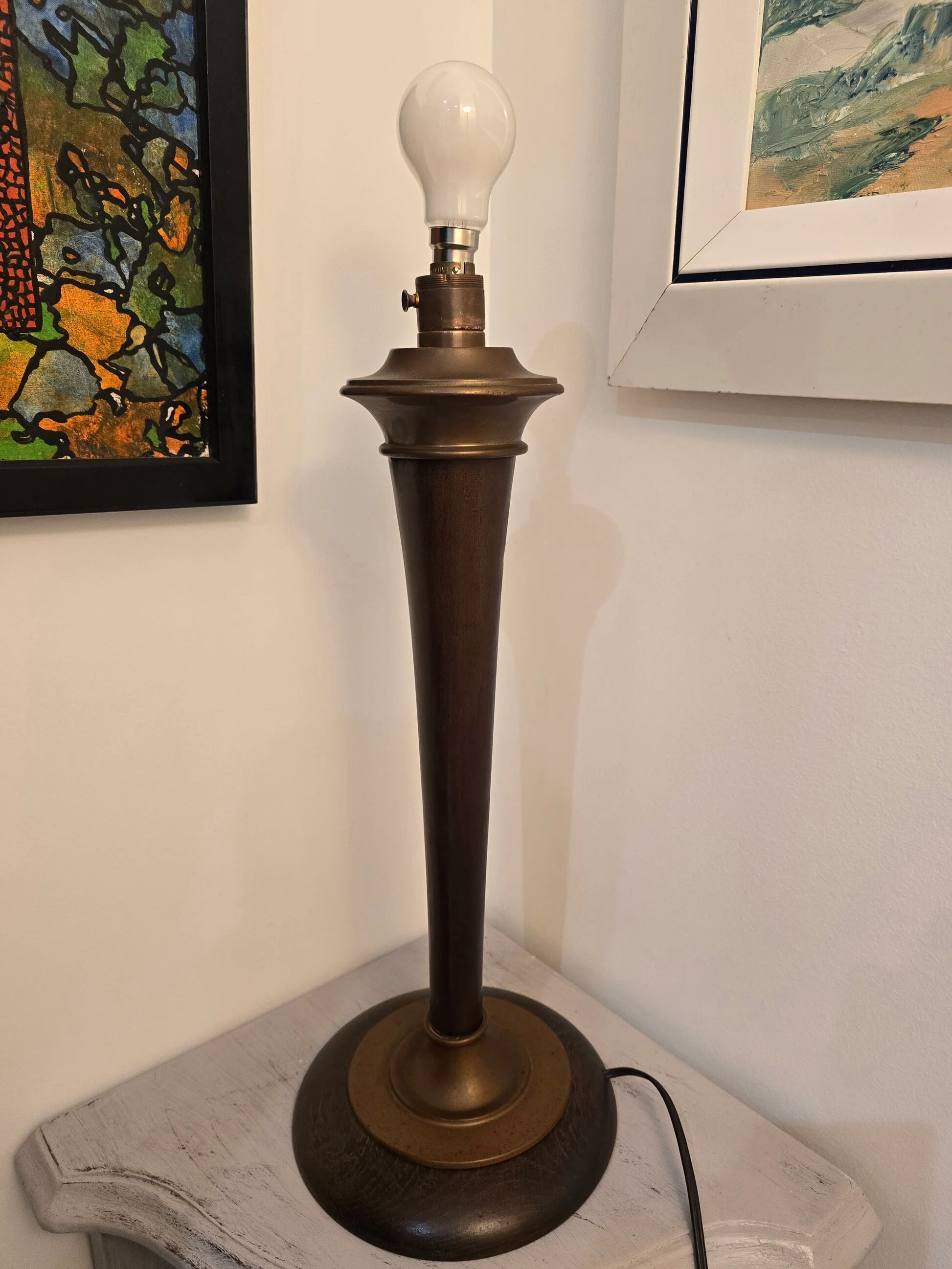 Vintage Scandinavian style lamp base in dark wood and bronze metal – 58 cm
