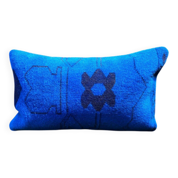 Vintage Wool Lumbar Pillow, Geometric Tribal Navy Cushion 12x20