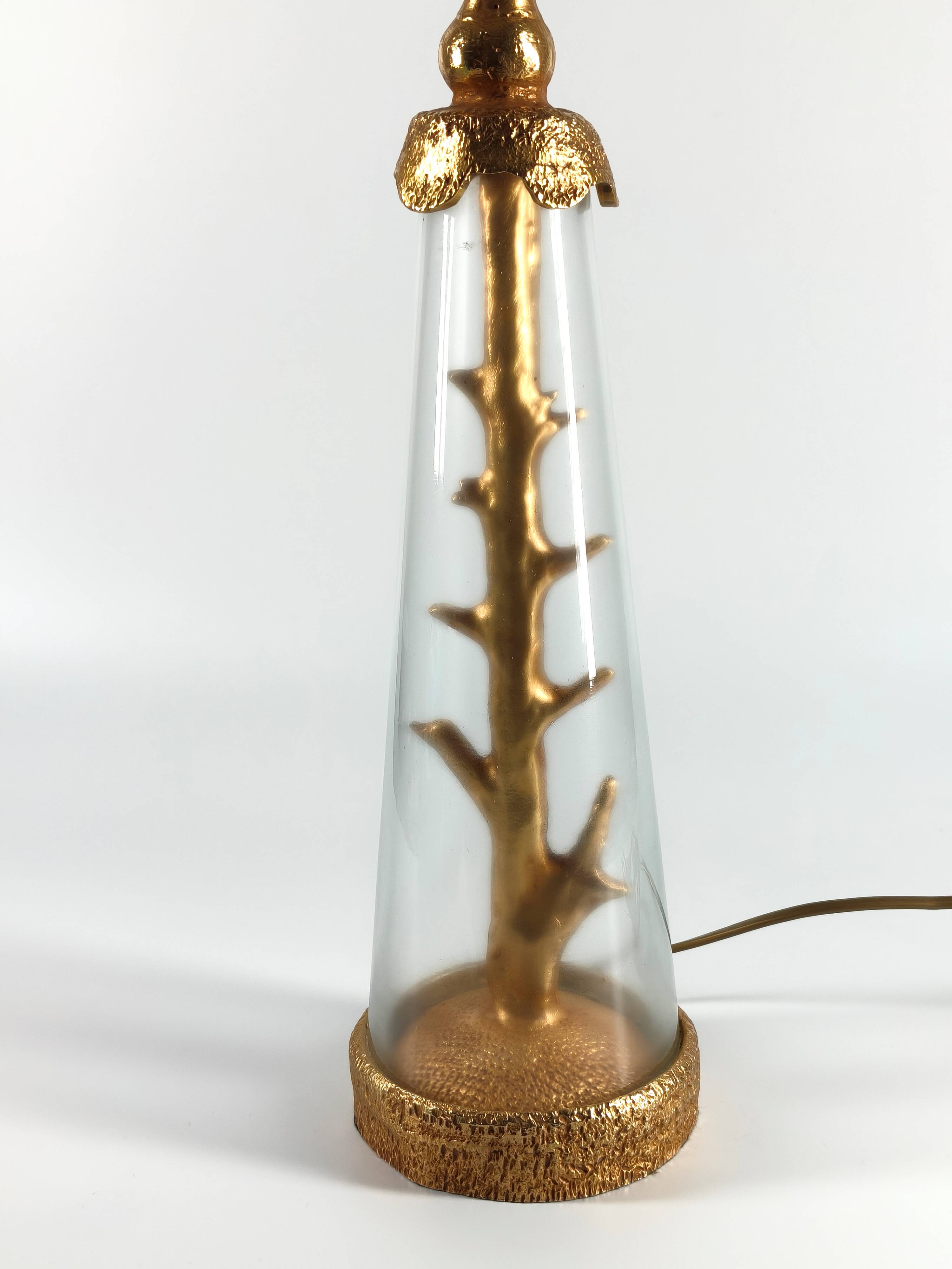Vintage lamp base signed Pierre Casenove, gilded bronze, glass, 1970s.