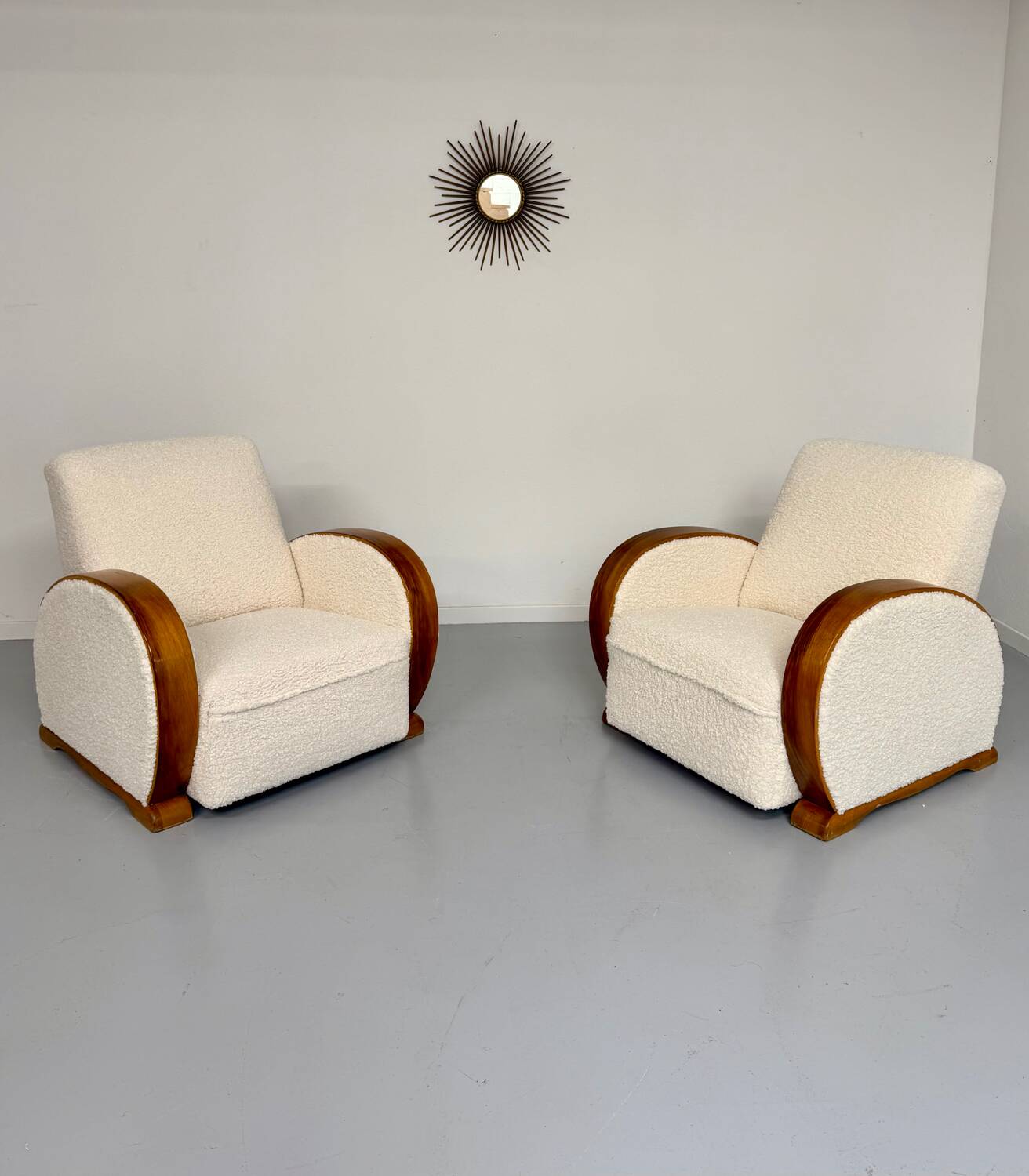 2 antique Art Deco club chairs from the 1930s, bentwood frame, bouclé fabric