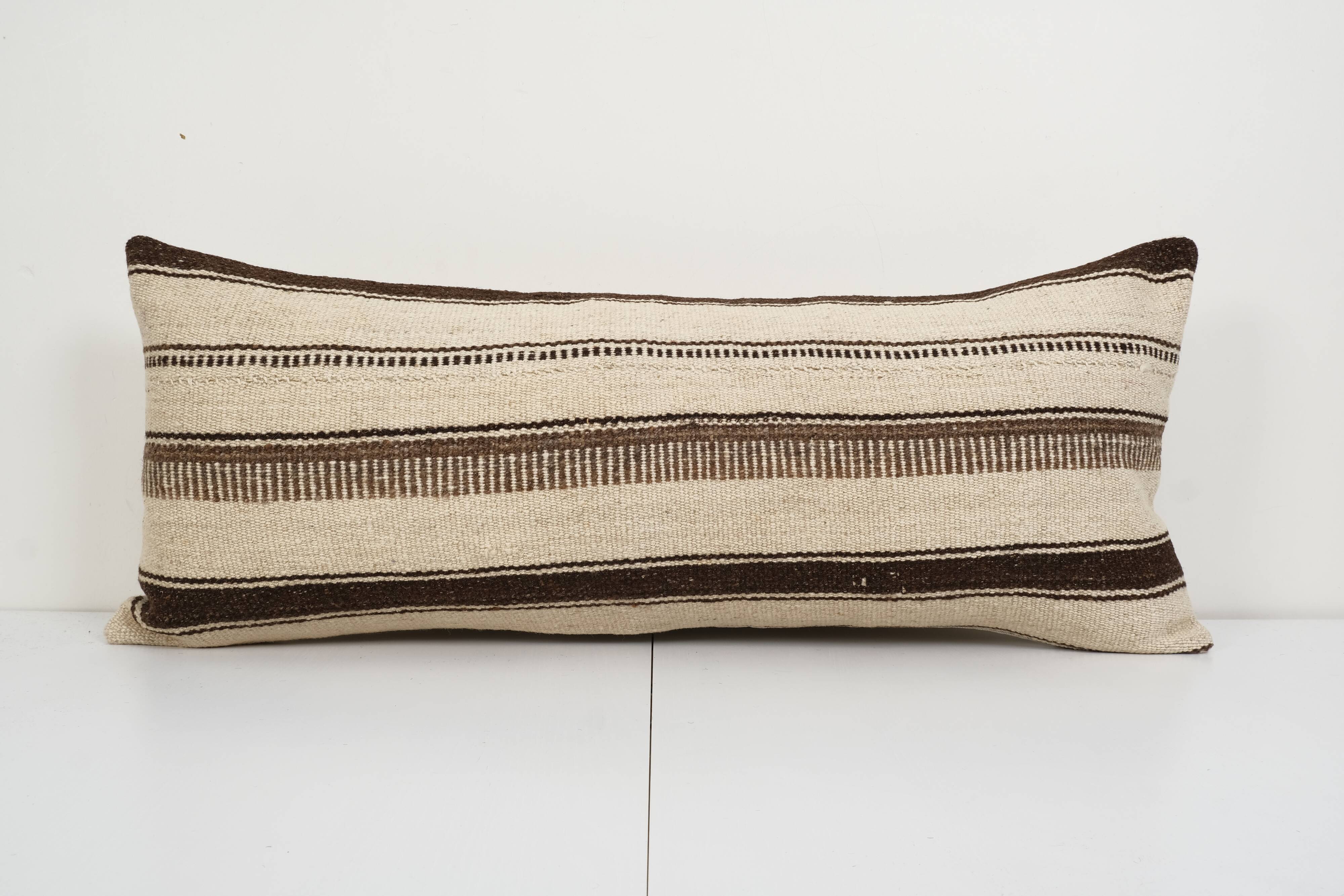 16" x 38" handmade extra long rectangular wool kilim pillow cover, organic undyed hippie bench