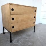 Three-drawer commode ARP — Minvielle, oak and lacquered metal, France, years