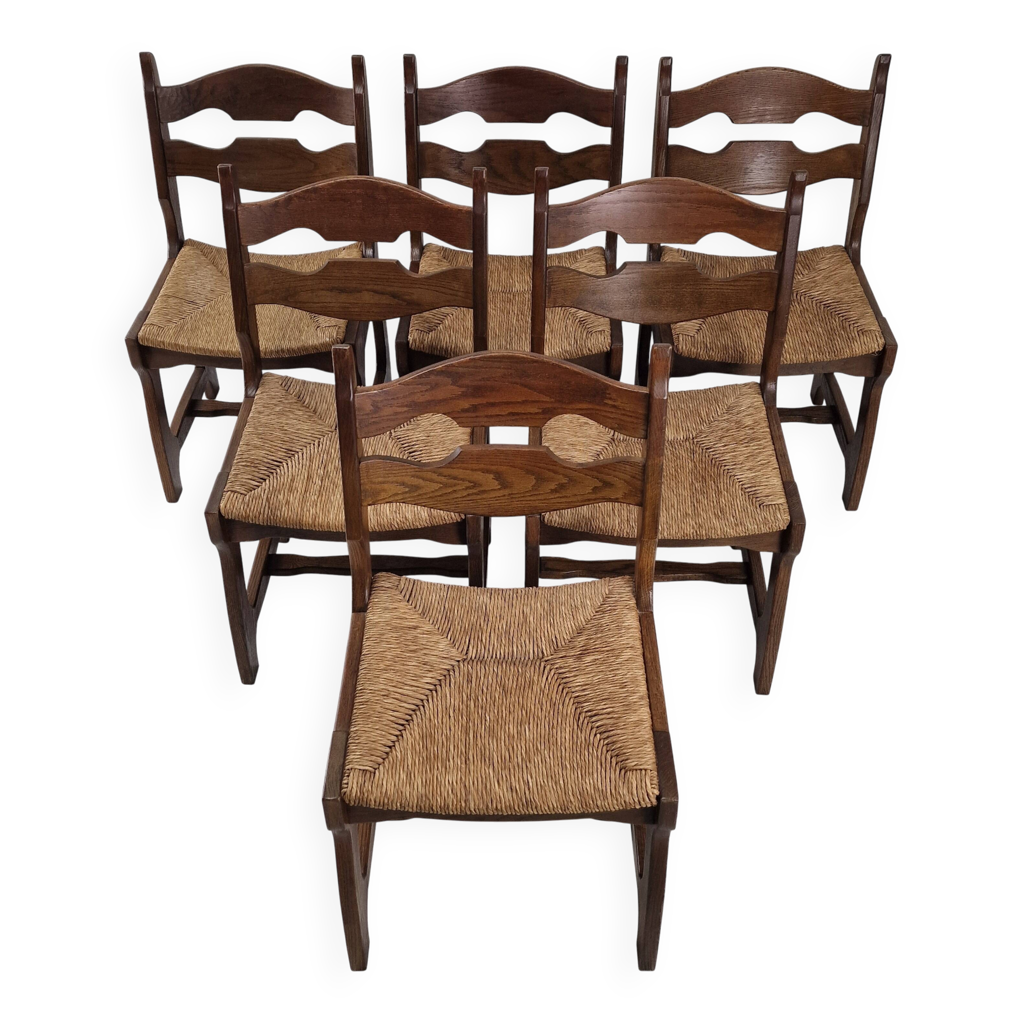 MidCentury Brutalist Oak "Razor Blade" Dining Chairs, Set of 6, France 60's