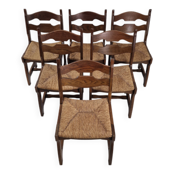 MidCentury Brutalist Oak "Razor Blade" Dining Chairs, Set of 6, France 60's