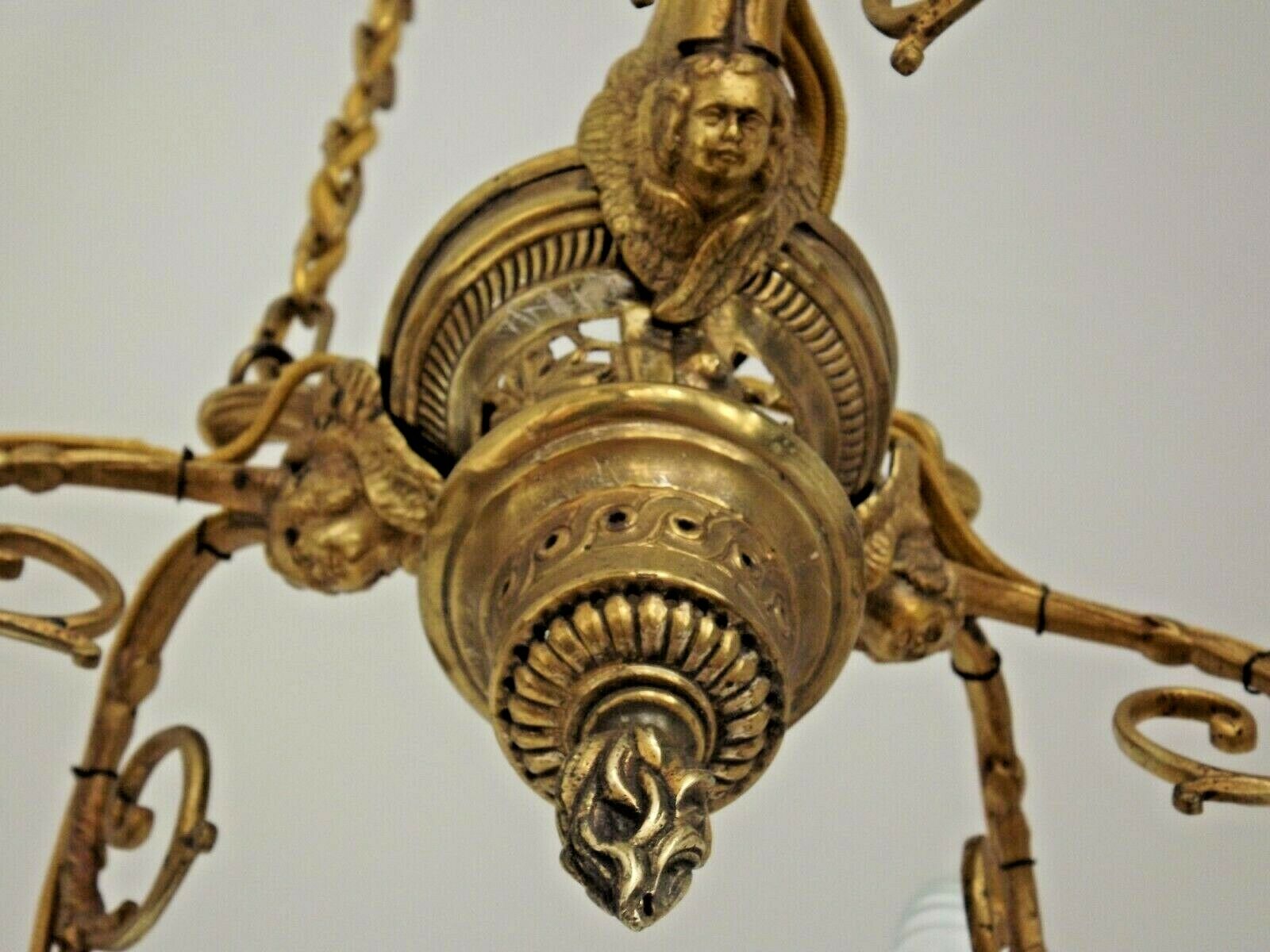 French victorian brass 6 light cherub chandelier with floral decoration