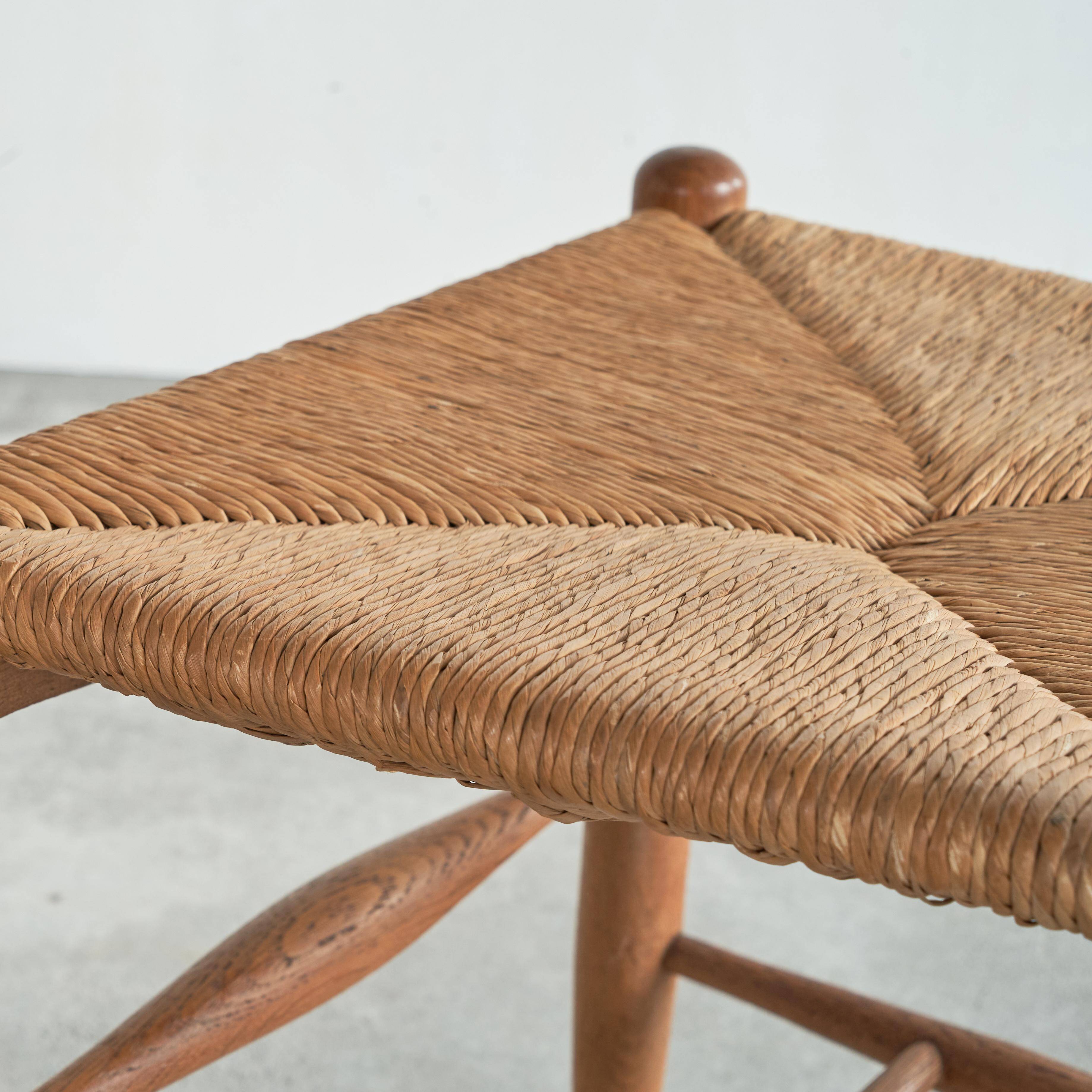 6 solid oak and woven bamboo chairs, mid-century, 1950s