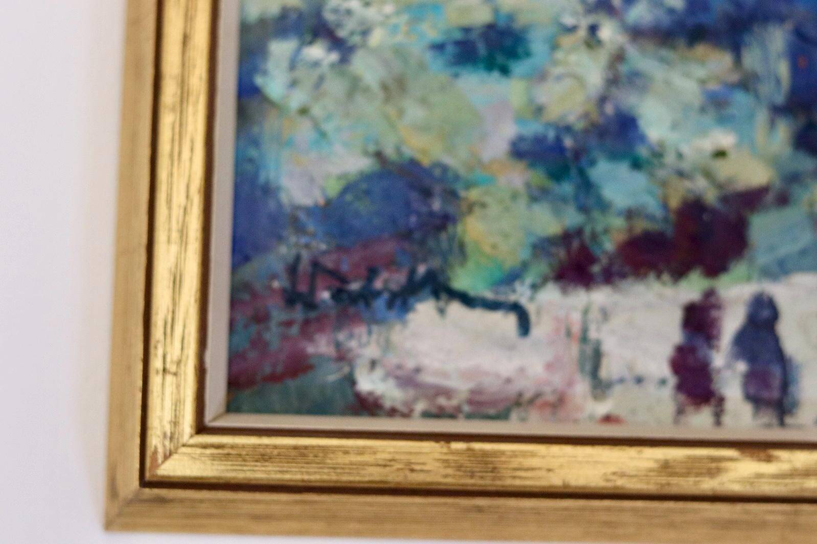 Original mid-century Swedish oil on panel "Village" by Bertil Wahlberg.