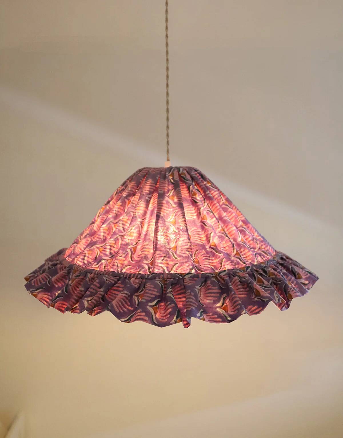 Emilia "purple shell flowers" conical textile suspension with flounce