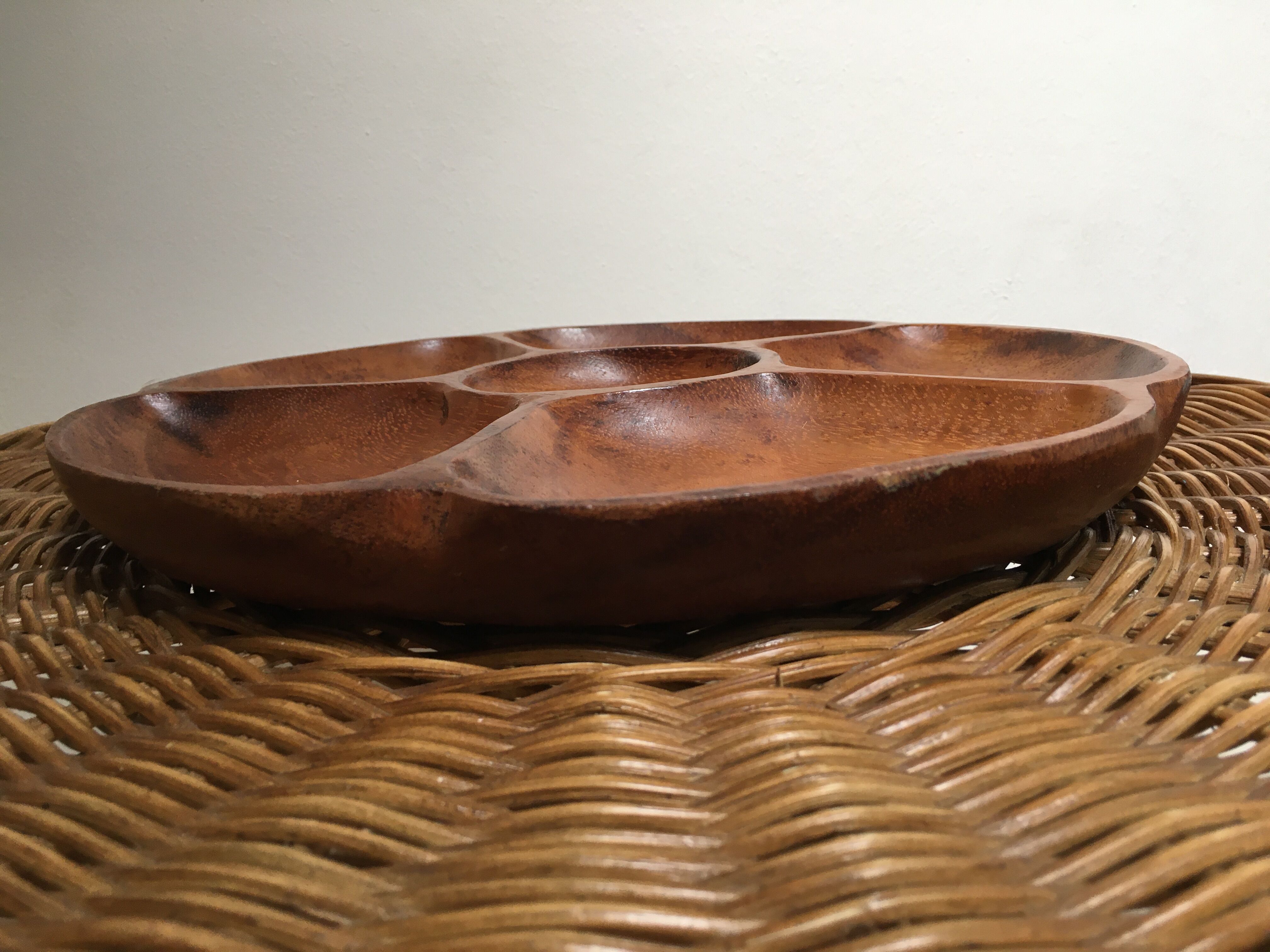Round wooden dish with six compartments