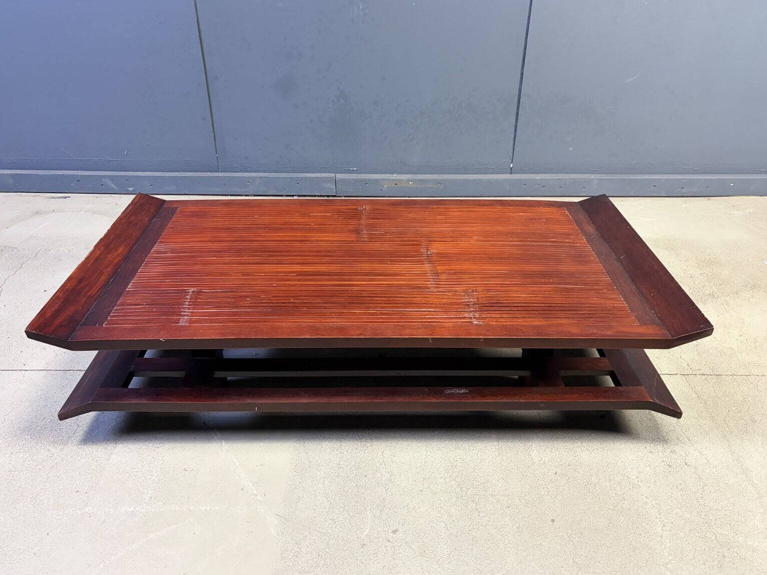 Two-tiered pagoda Wabi Sabi style coffee table in wood and bamboo, 1970s
