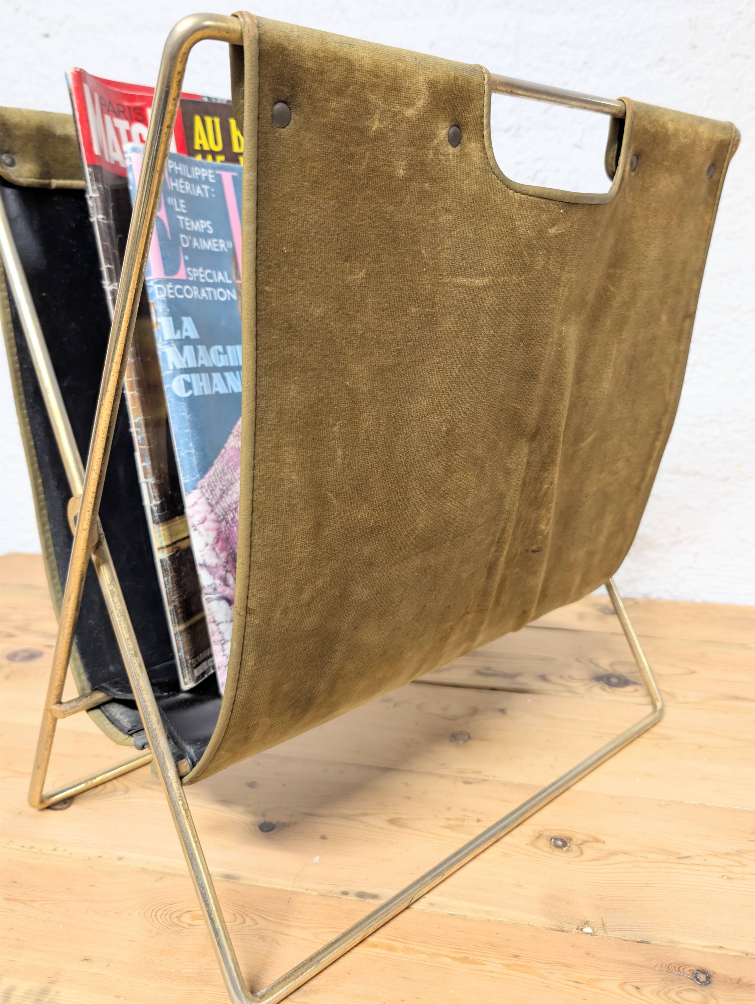 Brass and velvet magazine rack