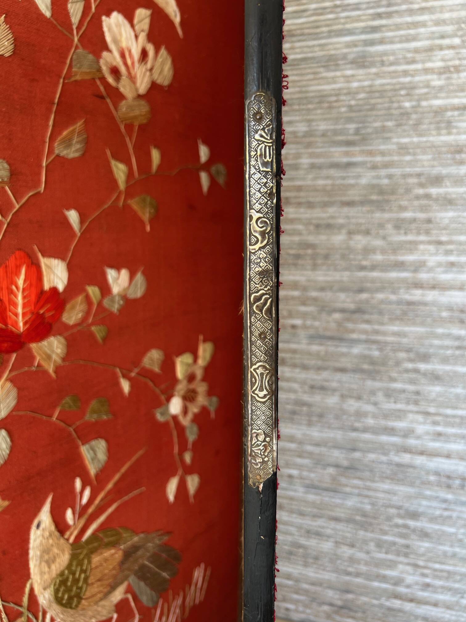 4-panel Japanese screen, 19th century, bird silk embroidery