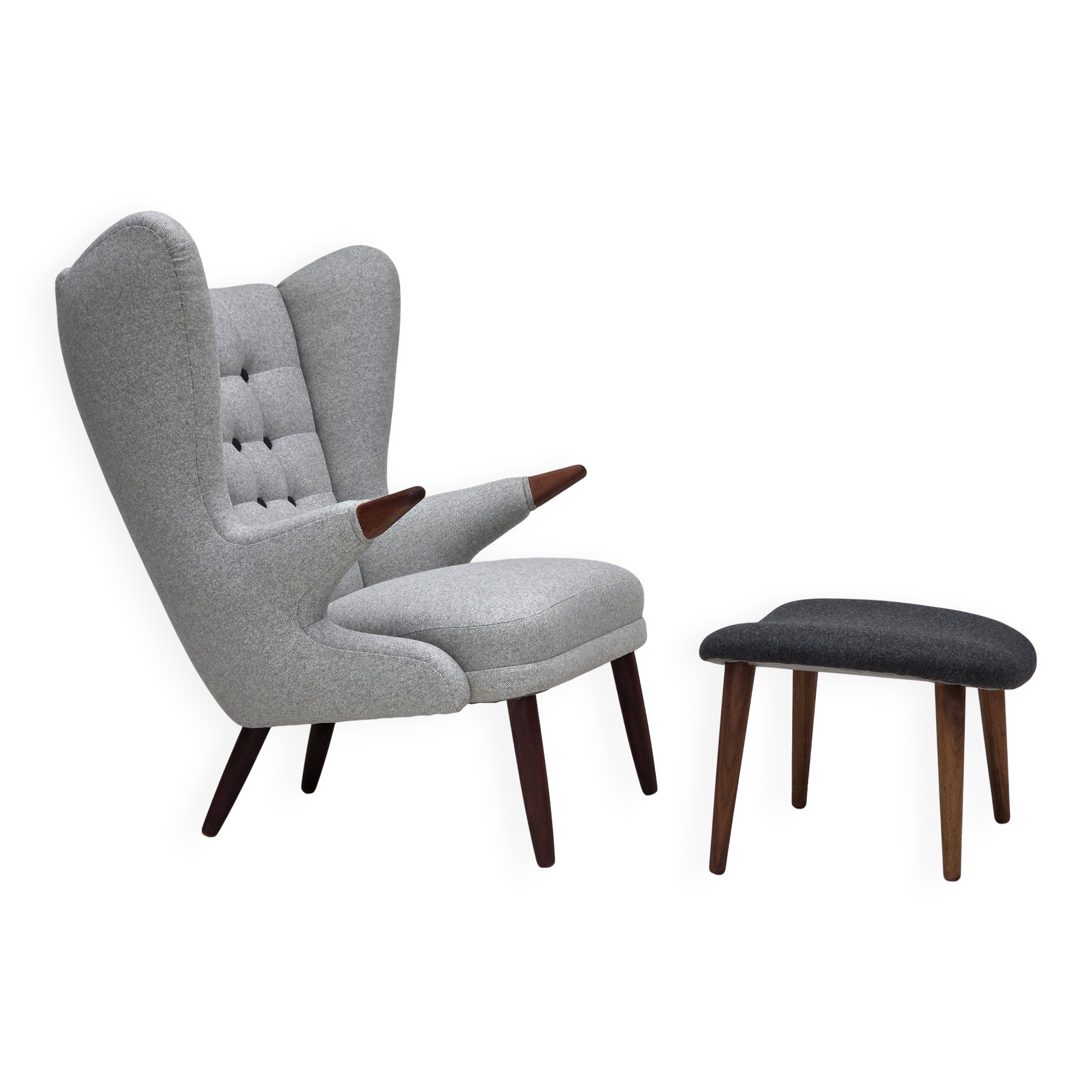 1960s, Danish "Teddy chair" with stool, reupholstered, wool, teak wood.