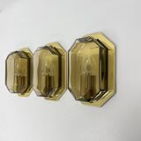 Set of 3 Limburg Glashütte smoked glass and brass wall lamps sconce , 1970s
