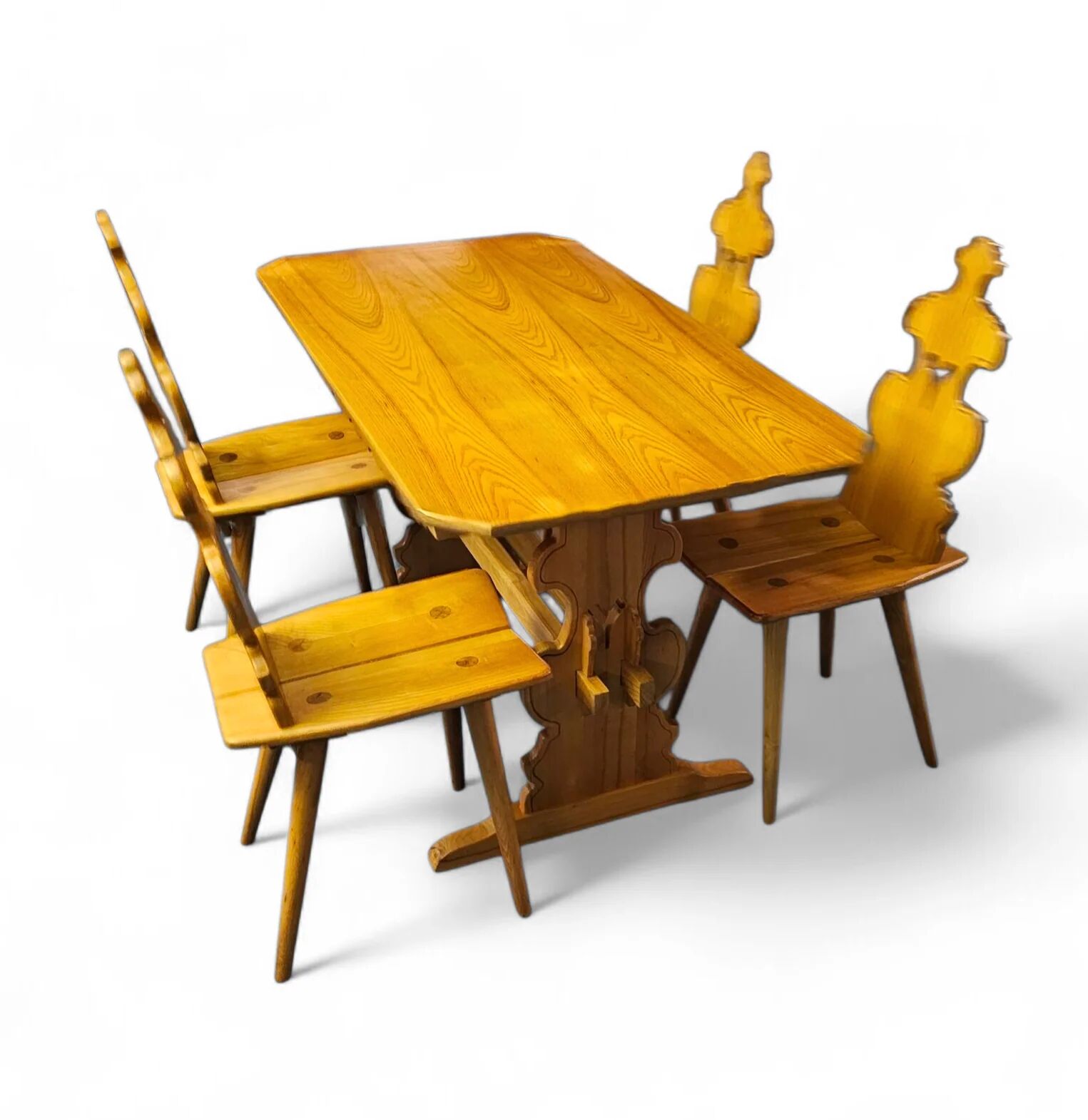 Chaises et table Cepelia Tiroler, ensemble de 5 pièces, Pologne, années 1960, marquées.