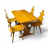 Chaises et table Cepelia Tiroler, ensemble de 5 pièces, Pologne, années 1960, marquées.