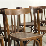 Set of 17 vintage bistro chairs in curved wood — striped seat, be