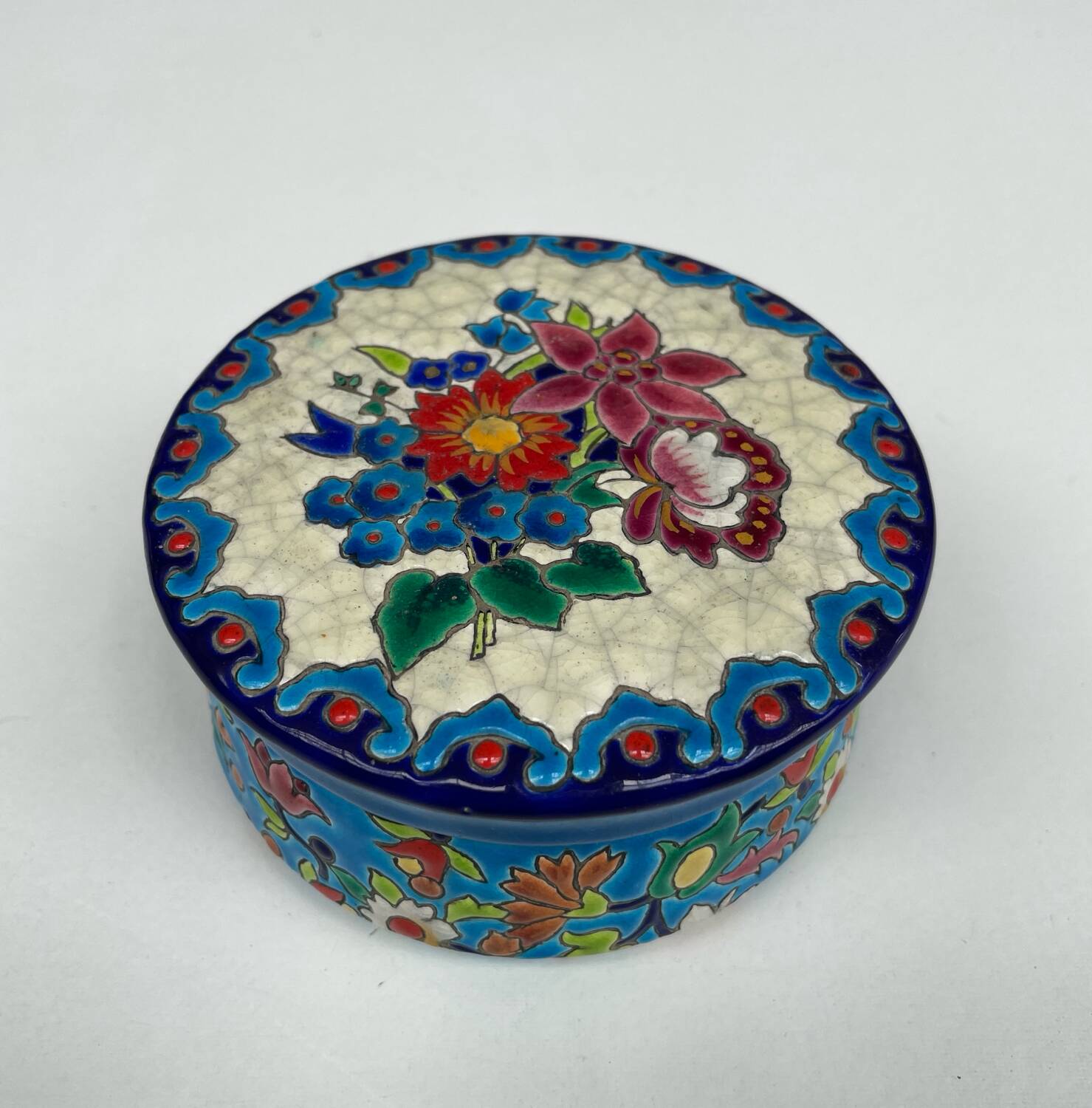 Enamelled faience jewellery box Longwy floral decoration