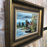 Tableau Huile Sur Panneau M. NIAVEL Vue Maison Bord Rivière + Cadre Doré #A214