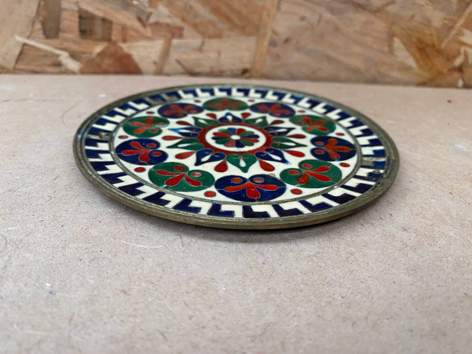 Antique brass plate enameled decor mandala vintage #b161