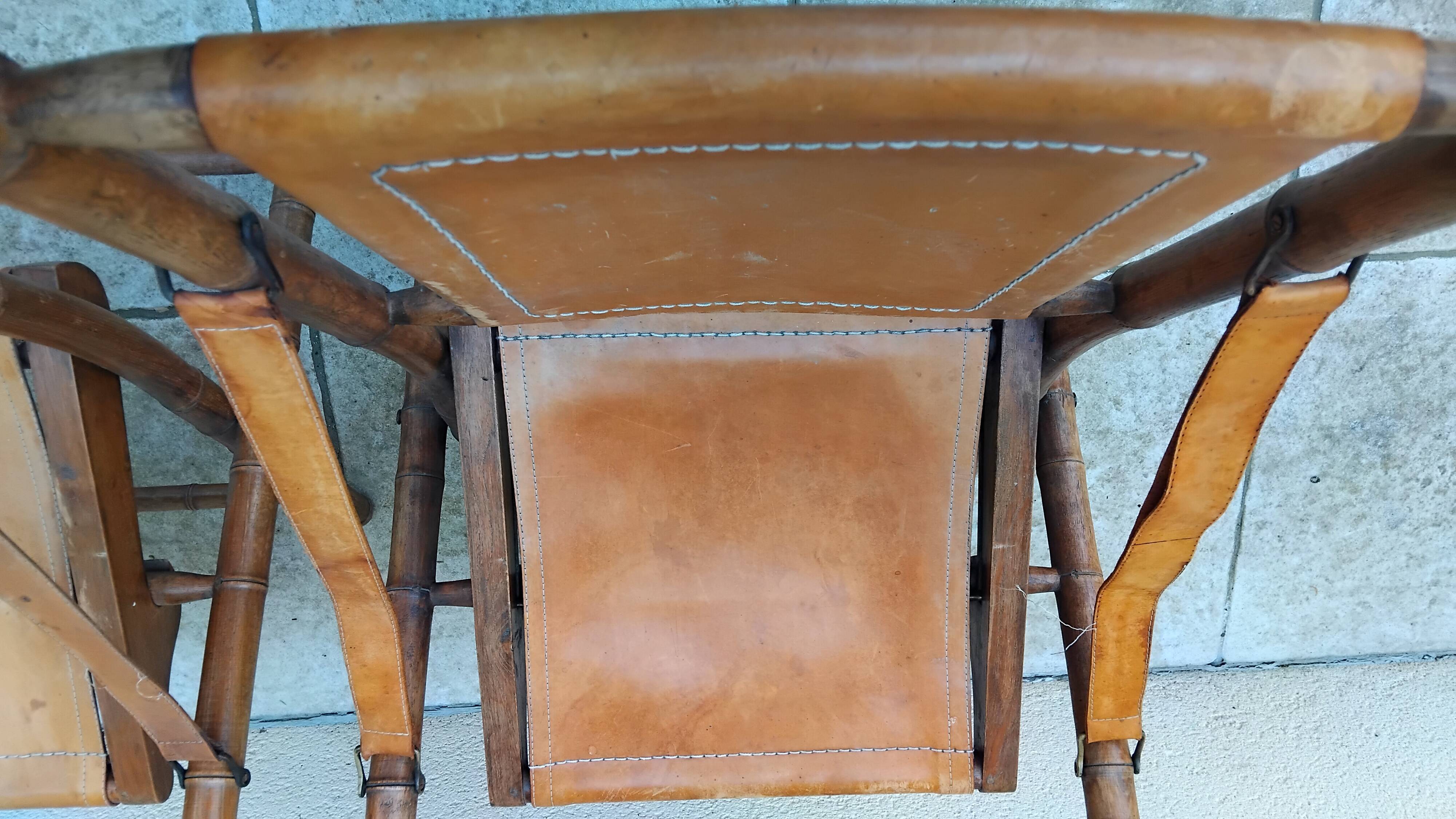 Vintage leather and wood folding chair SAFARI pair