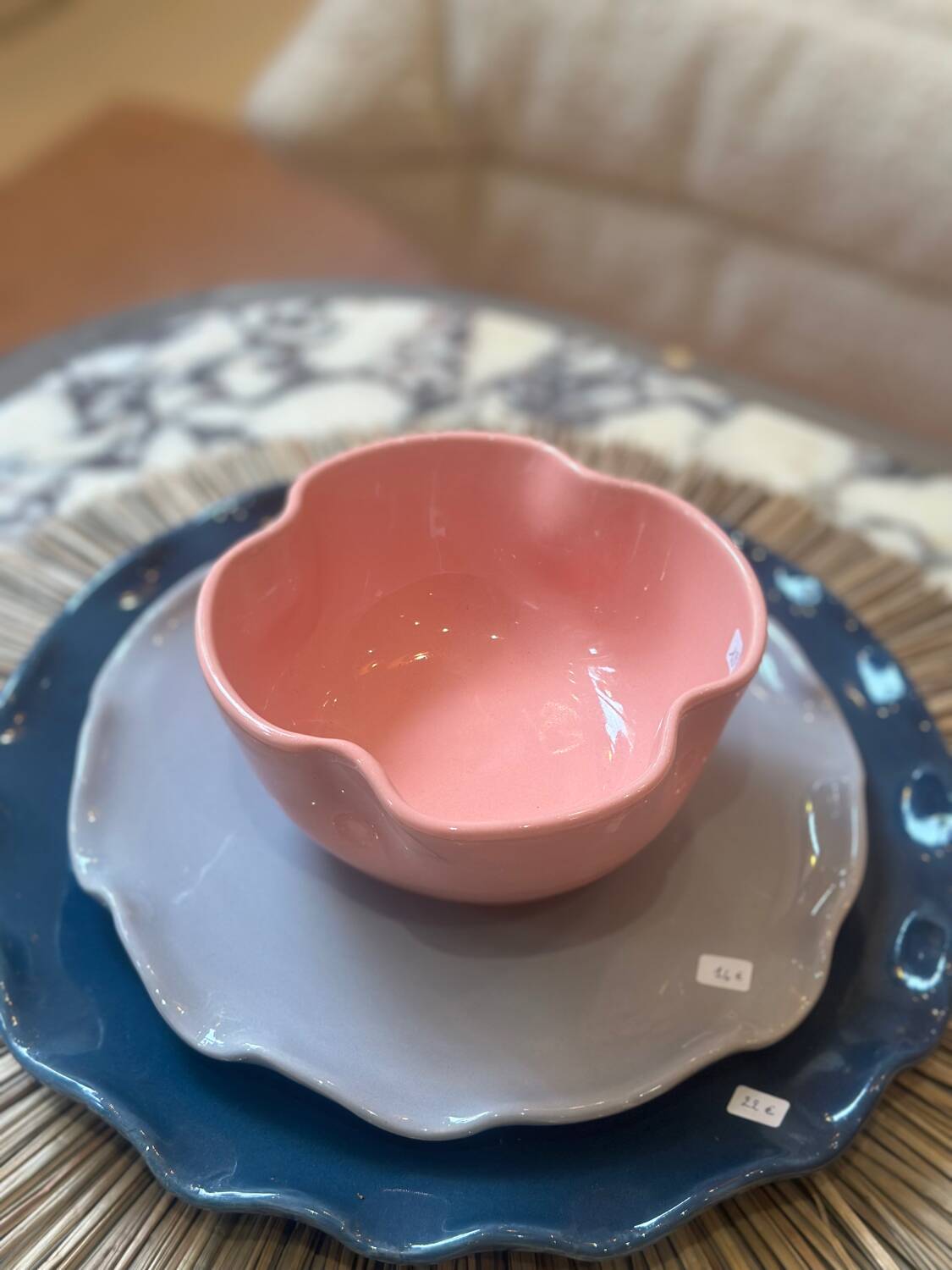 Handmade enameled ceramic bowl with pink clover flower Barbapapa