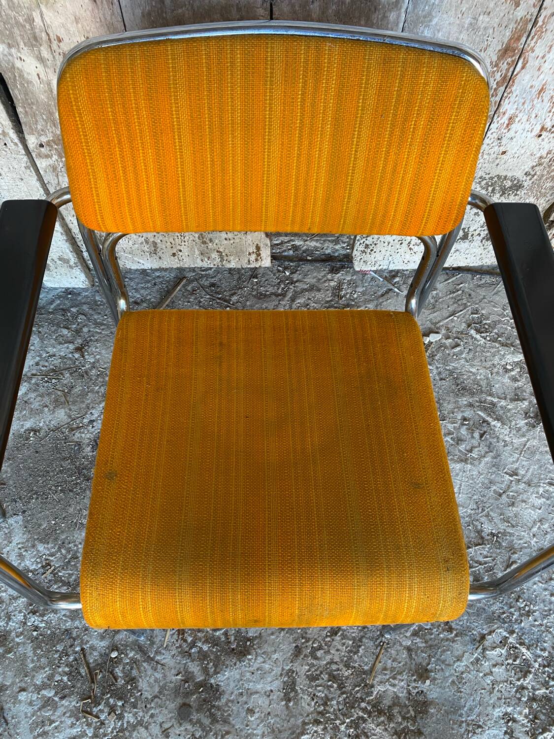 Pair of Vintage 1970s Chrome Metal Armchairs with Orange Fabric and Wood