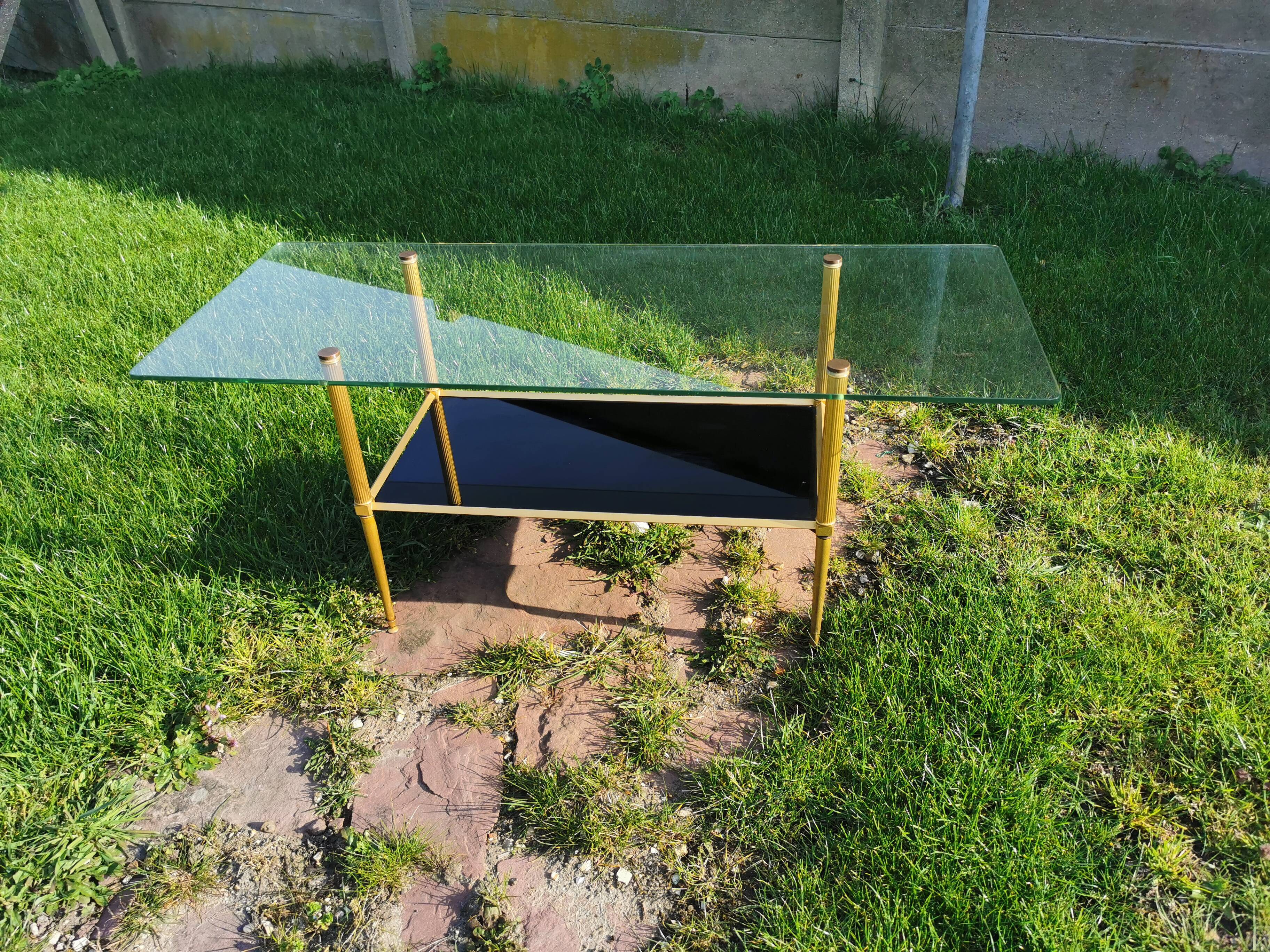 vintage coffee table, brass frame, glass and mirror tray, 50/60'S, 15 photos