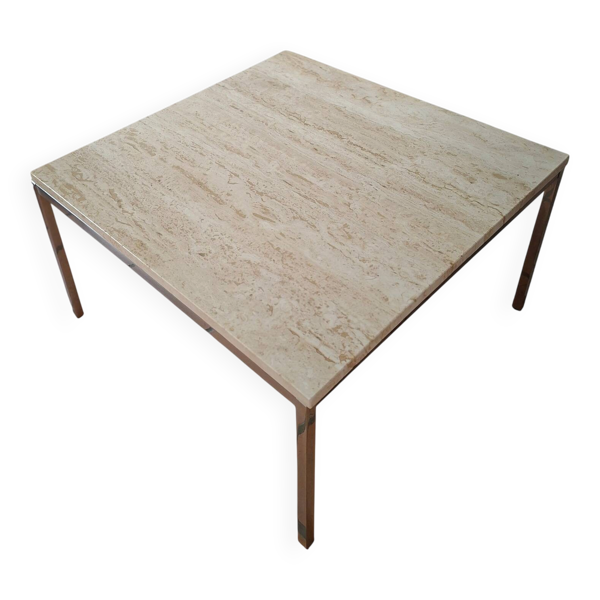Tables basses vintage en travertin/inox dans le goût de F. Knoll