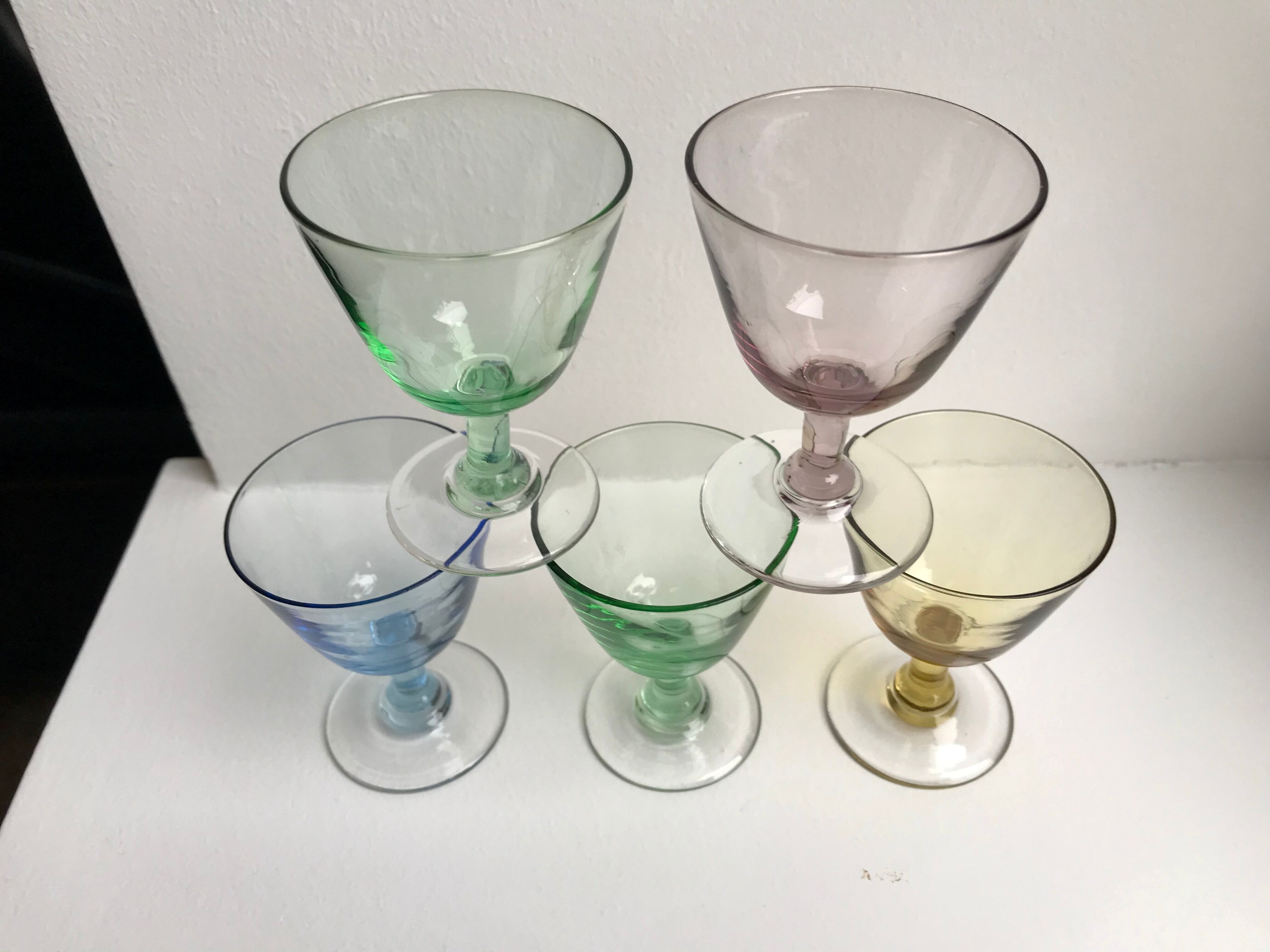Set of 5 glasses with colored glass shot shot 70s