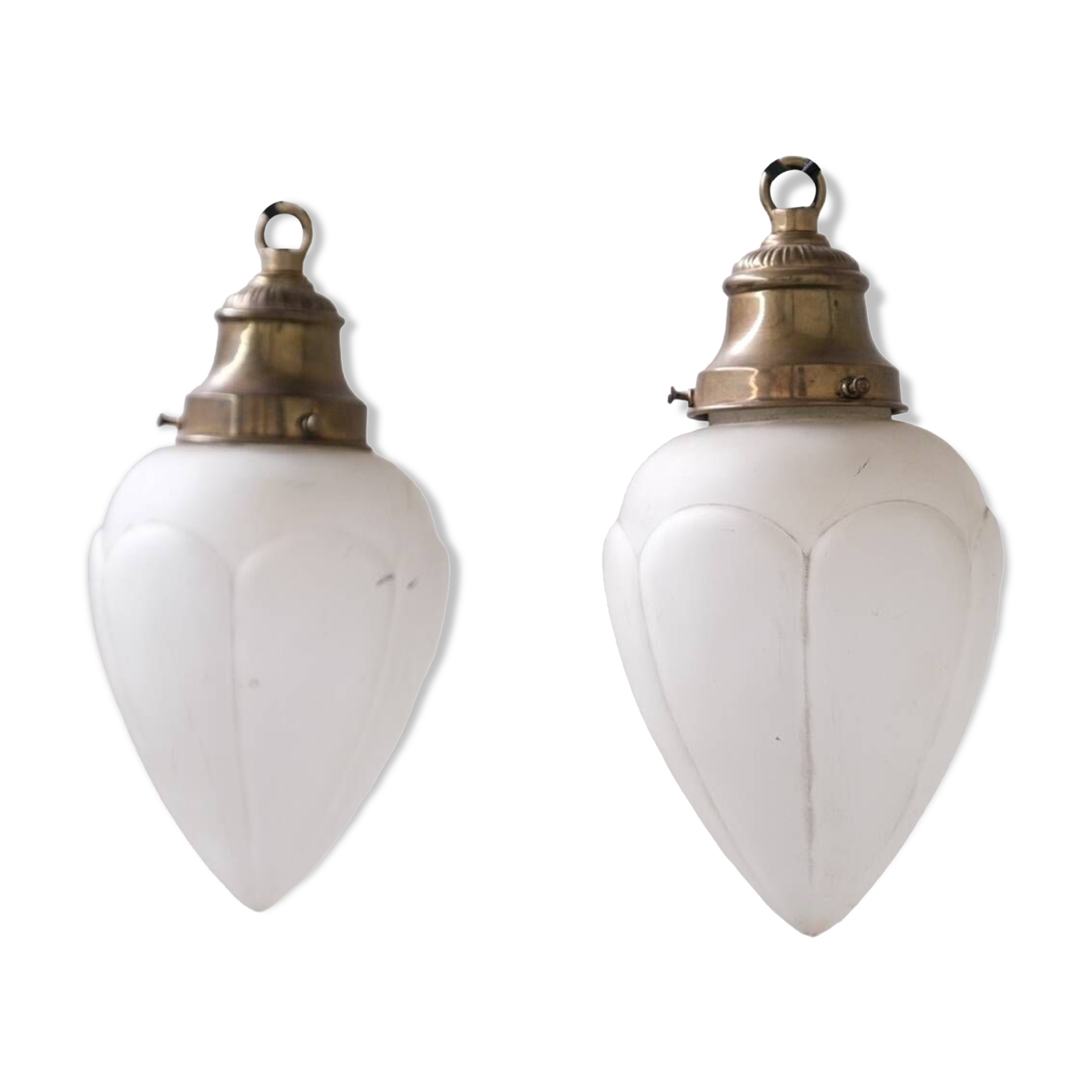 Pair of opaque glass and brass french opaline pendants