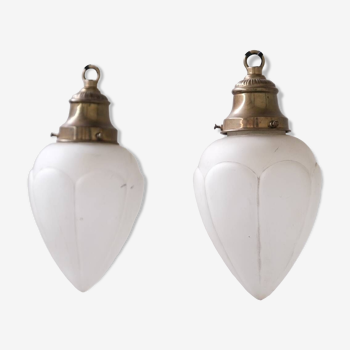 Pair of opaque glass and brass french opaline pendants