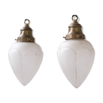 Pair of opaque glass and brass french opaline pendants