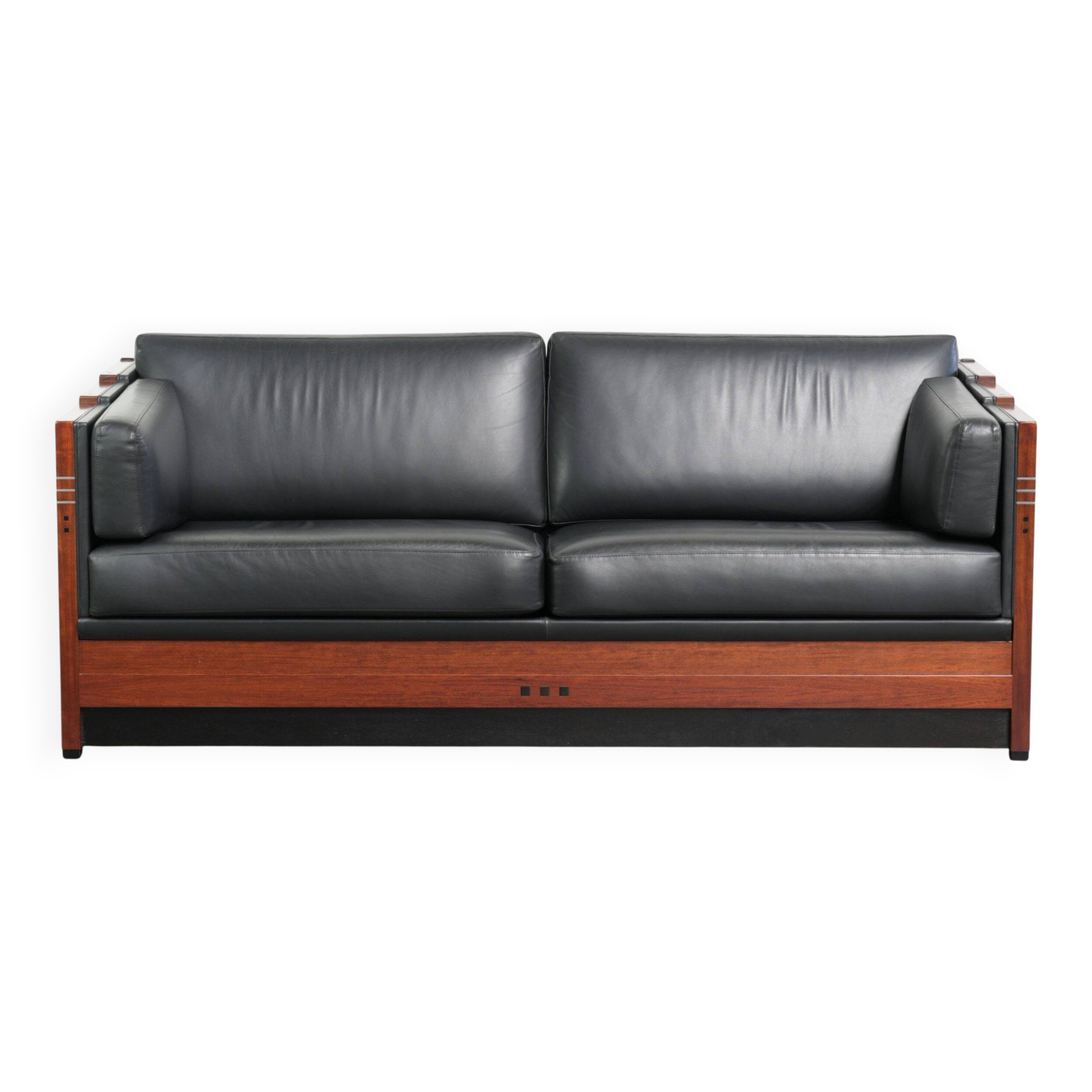 3-seater black cow leather sofa in timeless Art Deco design